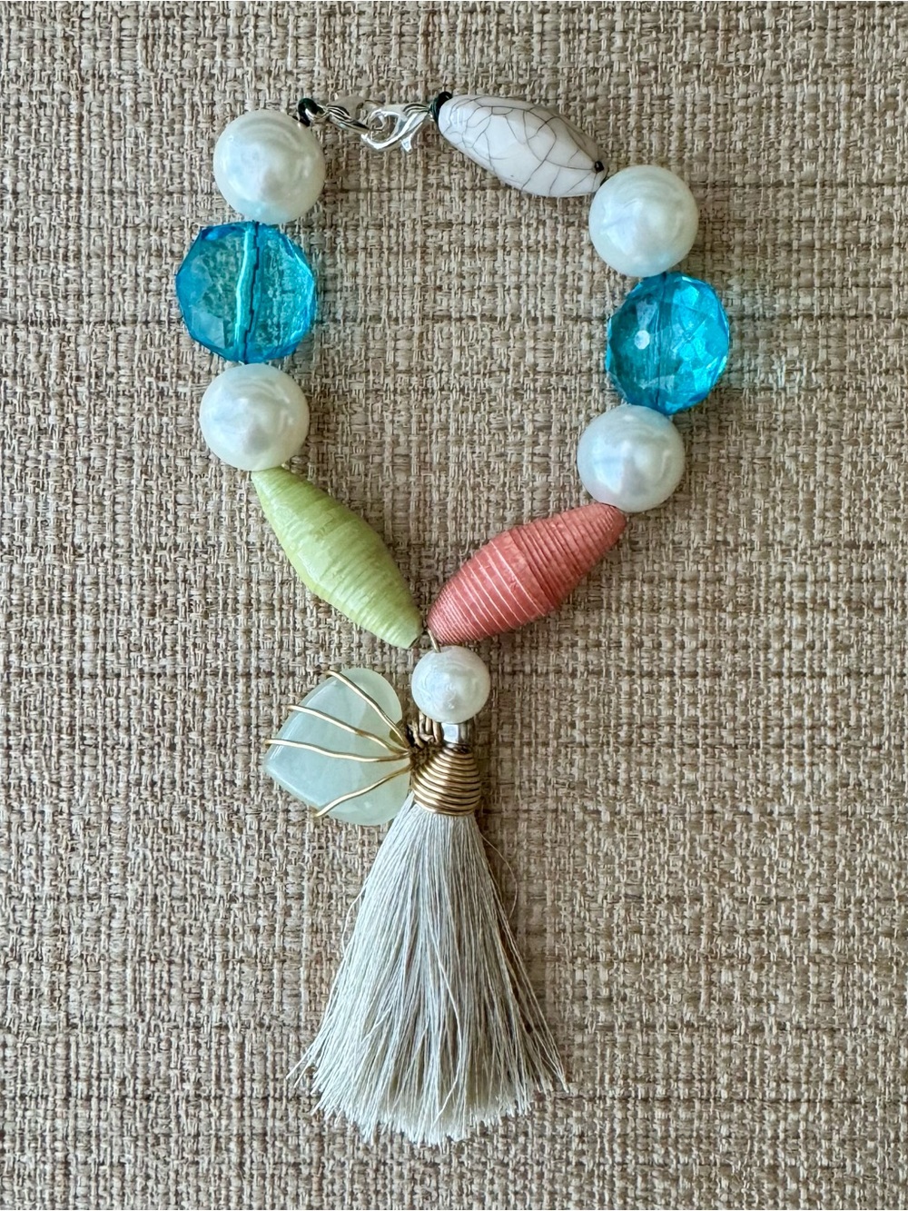 Colorful Beaded Tassel Bag Charm with Pearl and Aqua Blue Accents